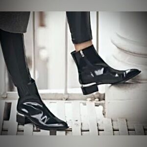 Vince Yasmin Ankle Boots Patent Leather Silver Metallic Plate in Black Size 7.5